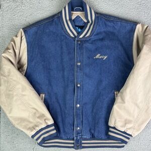 Vintage Tri Mountain Jacket Varsity Bomber Denim Quilted Lined Snap Button Sz L